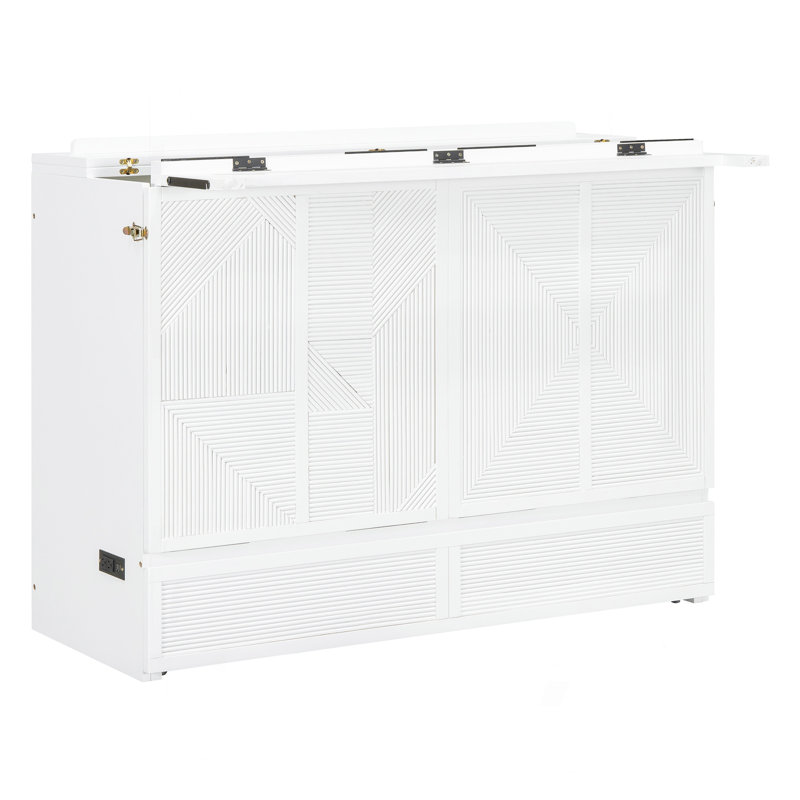 Lit escamotable double avec grand tiroir, ports et prises USB, blanc