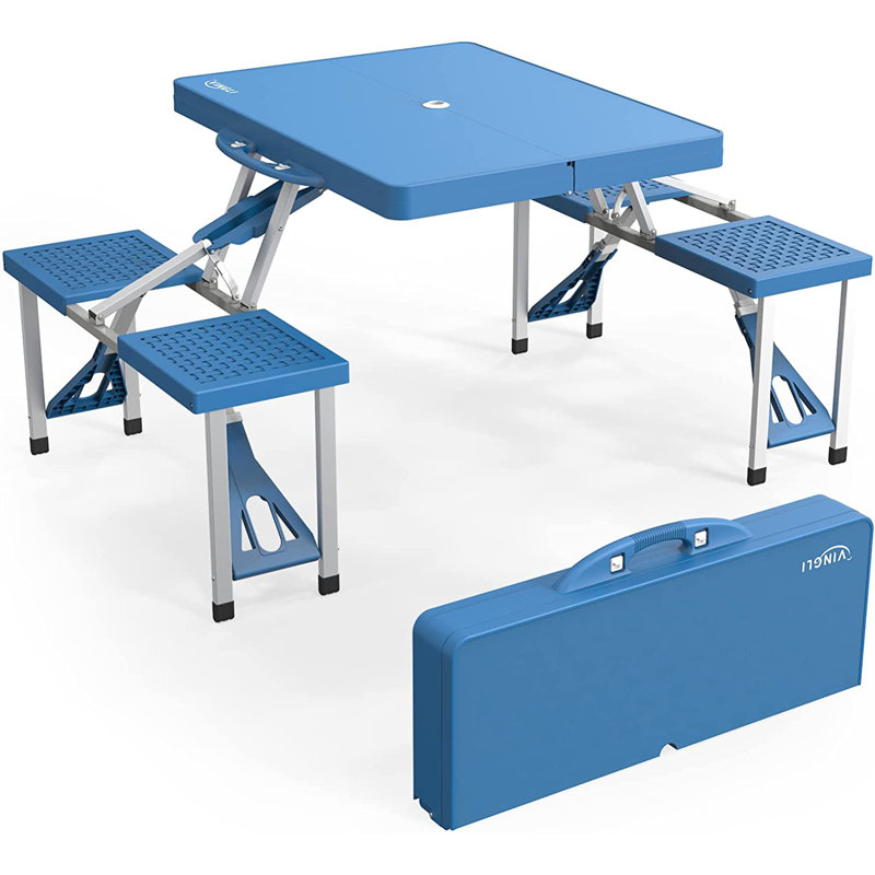 4 Ft Camping Picnic Table Set With 4 Seats With Umbrella Hole Folding Lightweight Suitcase Card Table-220 Lbs Support Aluminum Frame, Plastic RV Tabletop For Barbecue,Travel,Outing,Gathering