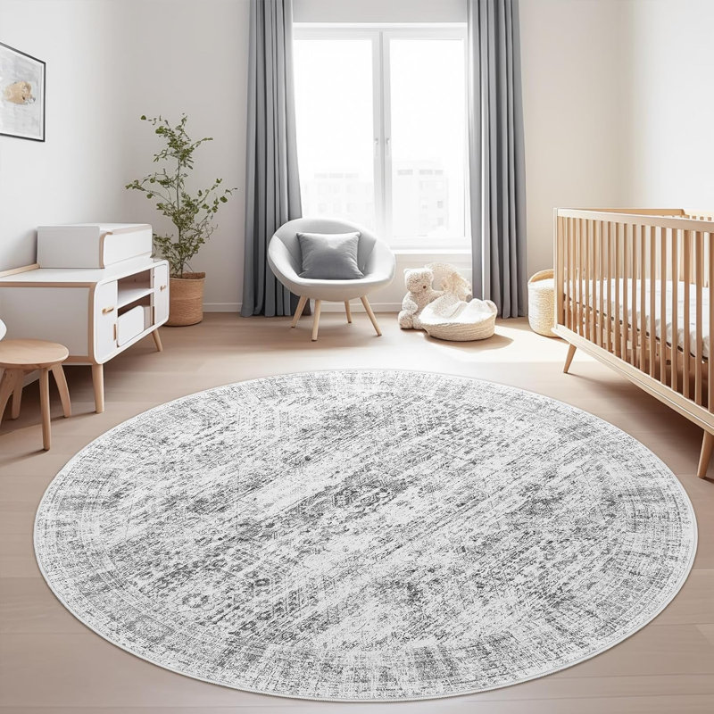 Tapis lavable rétro antidérapant (gris), Rond 9 pi