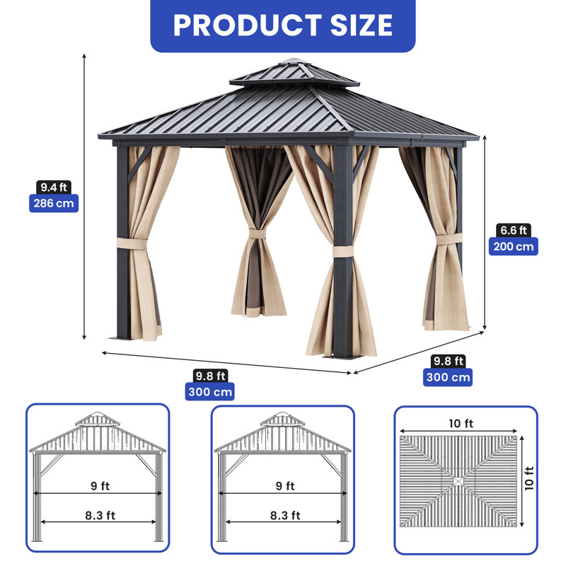 10ft x 10ft Double Roof Design Gazebo, Outdoor Patio Gazebo, Backyard Gazebo, Outdoor Pavilion, with Mesh Netting and Polyester Curtain Suitable for All Seasons