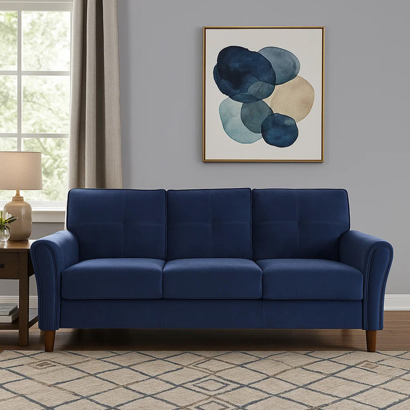 Cerracchio 80" Modern & Contemporary Luxurious Velvet Fabric Upholstery with Stylish Tufted Cushion Detail, Blue Velvet, 3