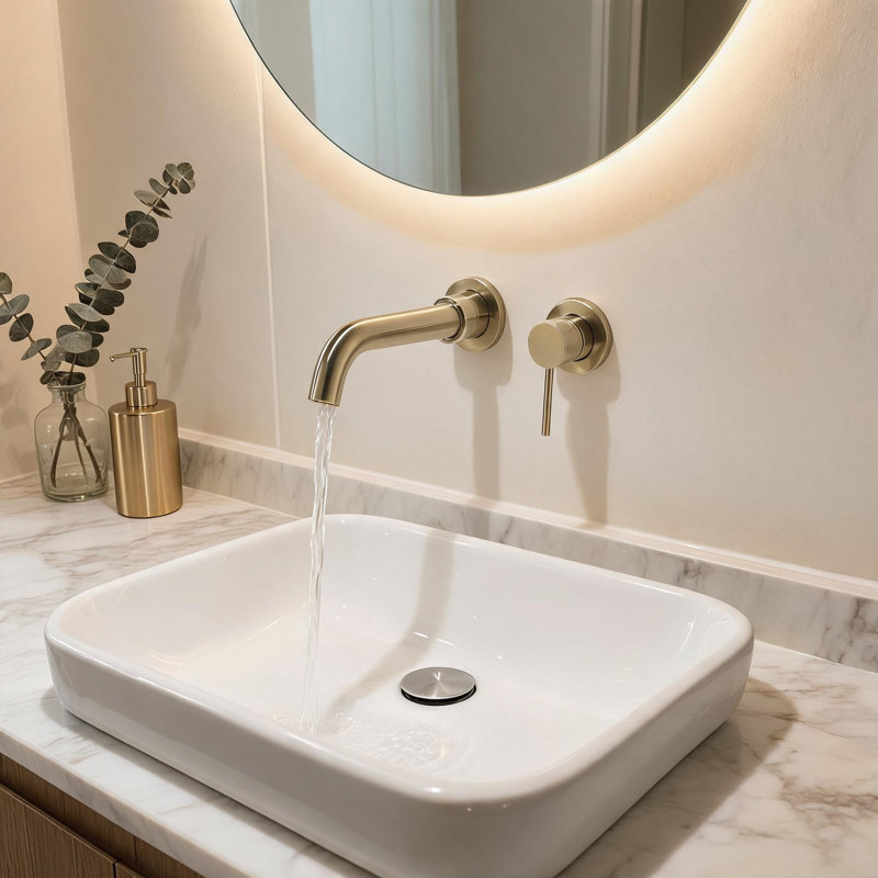 Robinet pour salle de bain mural en laiton brossé à poignée simple avec bonde escamotable