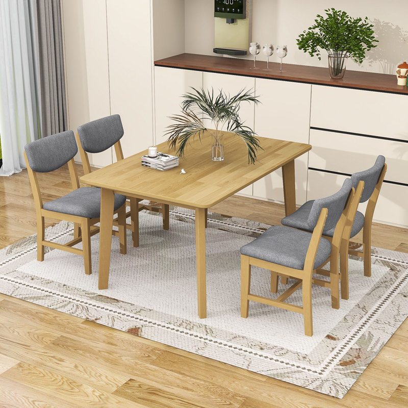 Ensemble de table de salle à manger 5 pièces, table rectangulaire avec pieds en bois massif et chaises rembourrées, Naturel