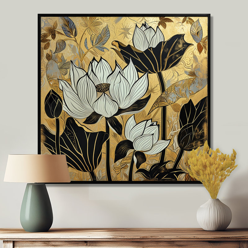 Anthony, art mural Lotus, Cadre flottant noir, bois massif, H 30 po x l 30 po