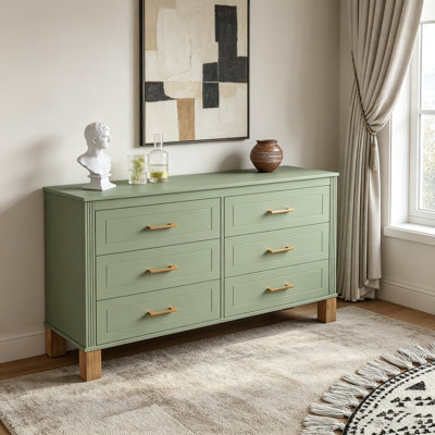 Commode double à 6 tiroirs, armoire de rangement moderne avec poignées en métal et pieds en bois massif, rangement robuste pour chambre d'enfant