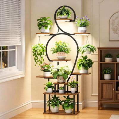 Support pour plante d'intérieur avec lumière de croissance, 9 tablettes de plantes d'intérieur de 63 po de hauteur pour plusieurs plantes, grande tablette de plante en métal, support de plante lumineuse pour l'intérieur, balcon, salon