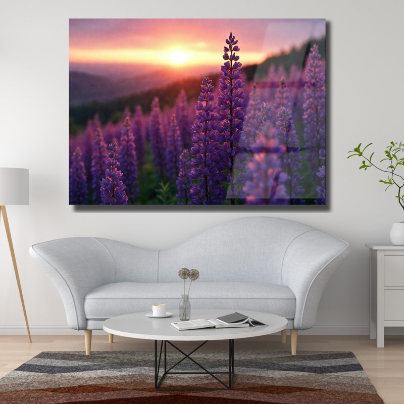 Tableau mural en verre trempé au coucher du soleil sur un lupin violet, H 20 po x l 30 po