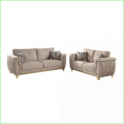 Leena Modern Light Luxury 2PC Sofa &amp; Loveseat Set – Beige Upholstery with Gold Accents | Solid Wood+MDF Frame | Pillow Back