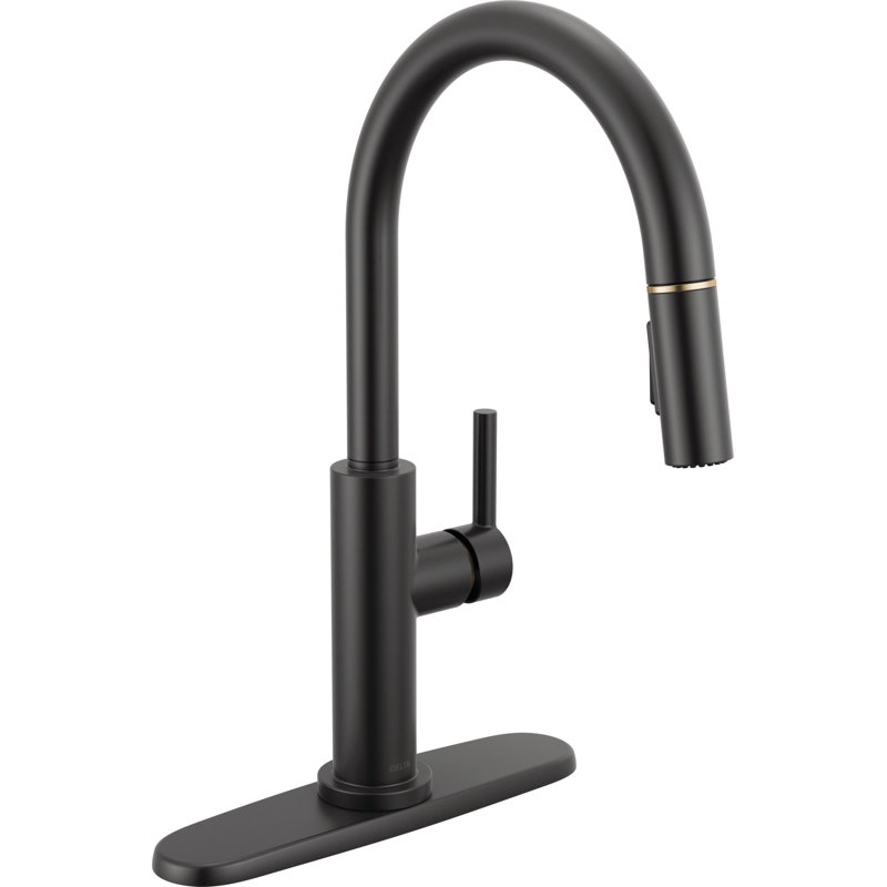 Robinet d'évier de cuisine à bec rétractable Nicoli, robinet de cuisine à poignée simple, Noir mat / anneau doré