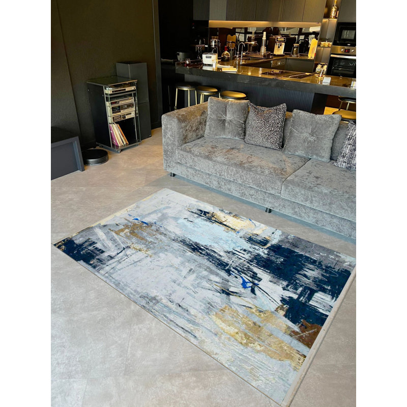 Tapis décoratif moderne à motifs abstraits et à motifs noirs sur fond gris Barcelona Collection