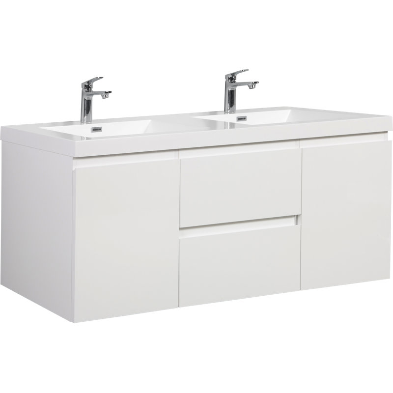 Meuble-lavabo flottant mural 60 po avec double vasque et tiroirs à fermeture douce, Blanc / blanc