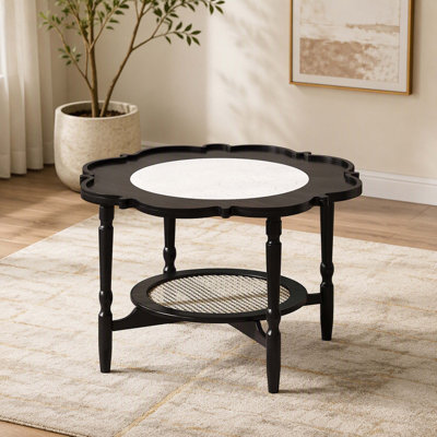 31.5‑Inch Black Two‑Tier Coffee Table, Petal‑Shaped Frame with White Crackle‑Effect Glass Top and Rattan Accents , Distinctive Mid‑Century Living‑Room Cocktail Table