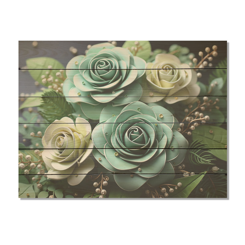 Meticulously Rendered Roses I - Roses Wood Art On Natural Pine Wood, 10" H x 20" W