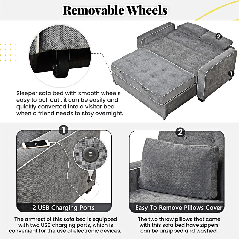 Upholstered Pull Out Sofa Bed With Throw Pillows, USB Charging Port And Adjustable Backrest, Charcoal Gray