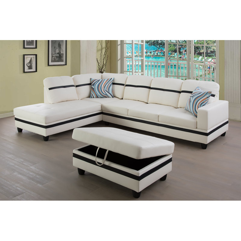 Upholstered Sectional, Left Hand Facing, White/Black Faux Leather