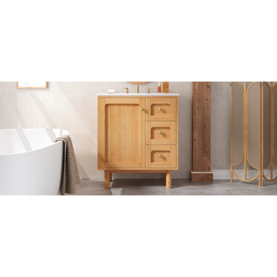 Meuble-lavabo de ferme avec évier en céramique, bois naturel, rangement compact pour la maison