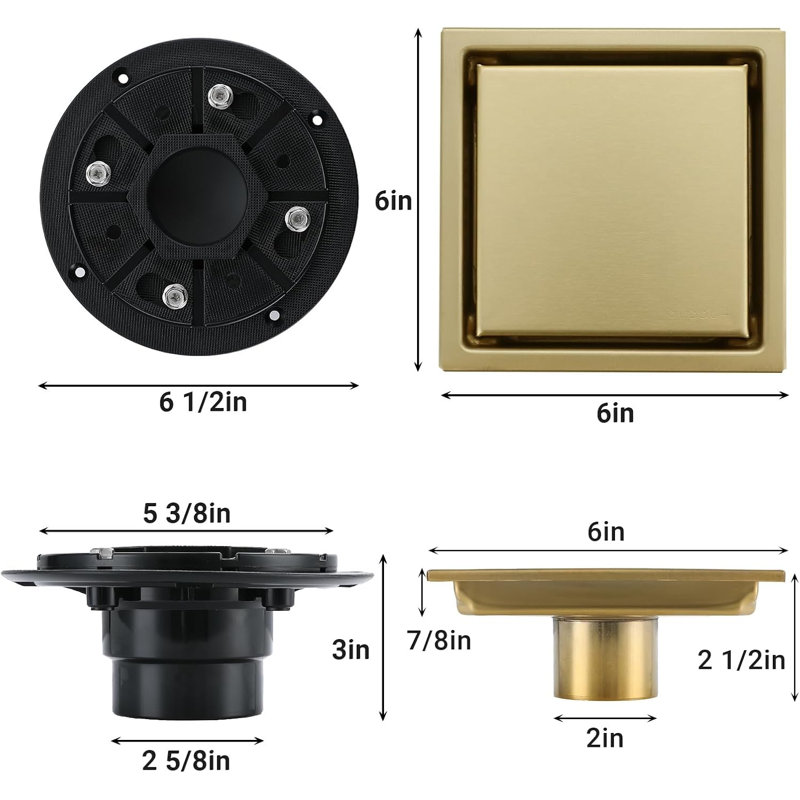 Drain de douche, drain de salle de bain carré en acier inoxydable Sus304, or brossé
