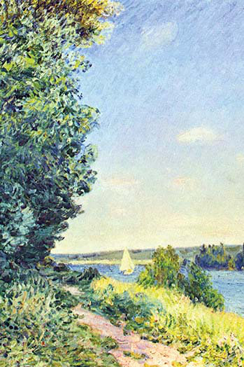 « normandy, path on the water » par alfred sisley, reproduction d’art, H 42 po x l 28 po