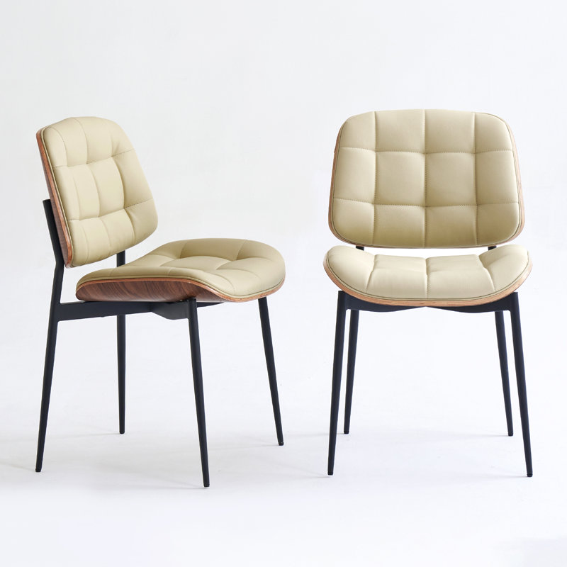 Mid Century Modern Dining Chairs with Walnut Grain Back, Beige Faux Leather Dining Room Chairs Set of 2, Checkered Soft Cushion Kitchen Chairs with Adjustable Foot Pads