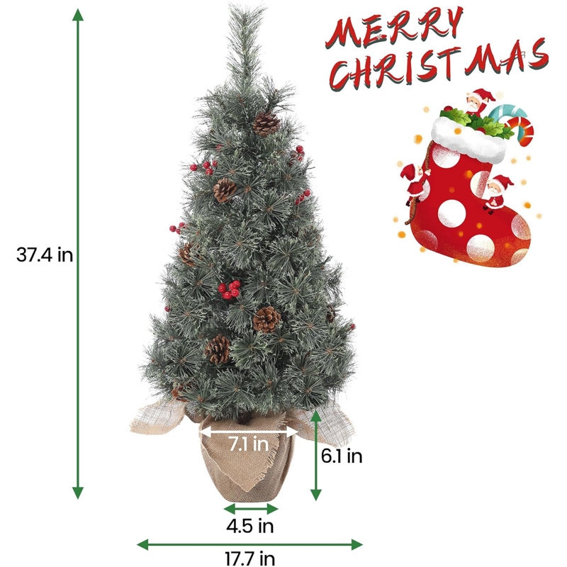 Mini sapin de Noël avec 78 lumières DEL à base de sac en tissu, pommes de pin et baies rouges