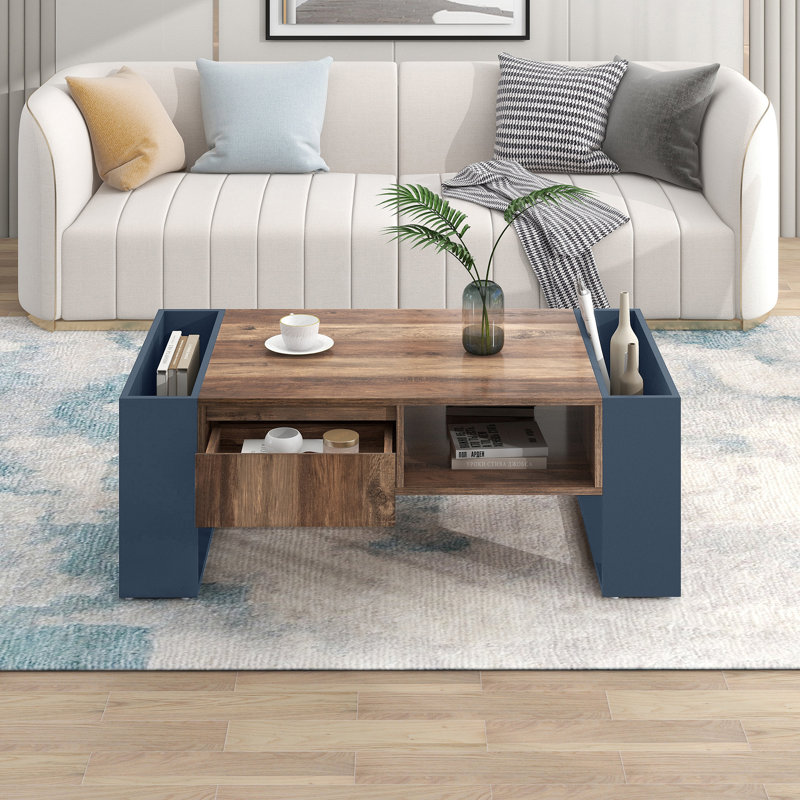 Frame Coffee Table with Storage, Brown, Blue