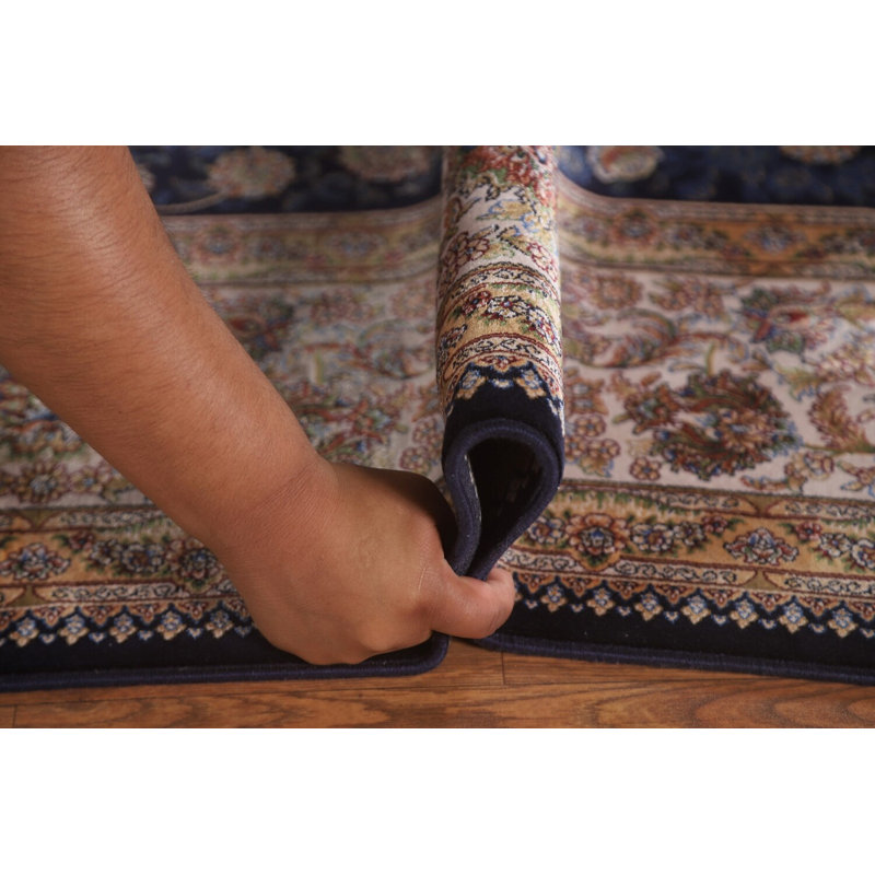Tapis bleu marine à motif floral traditionnel 7 x 10