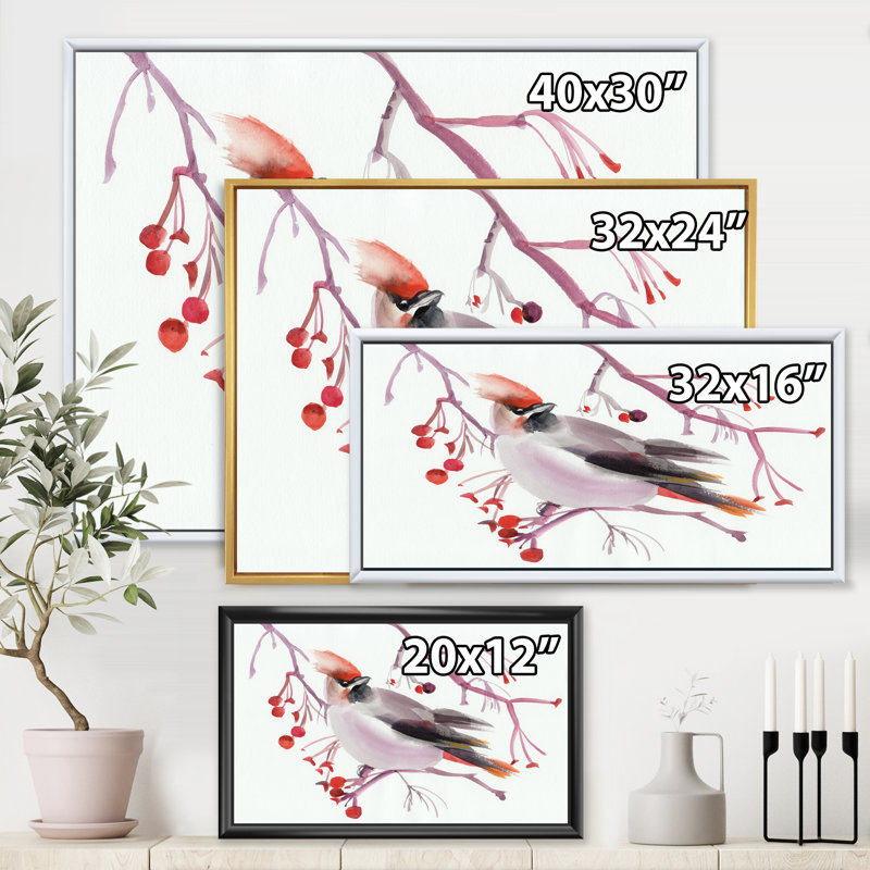 Oiseau ciré sur une branche - peinture sur toile, H 30 po x l 40 po x 1,5 po, Cadre flottant doré