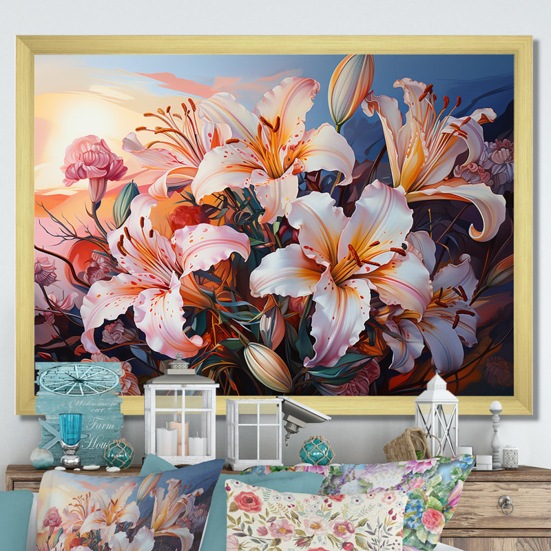 Succulent Sunset Lilies - reproduction sur toile, White Picture Framed, 16" H x 32" W
