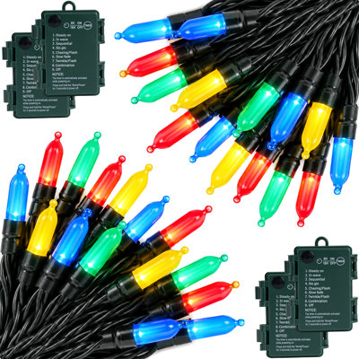 Guirlande lumineuse de Noël à piles (lot de 4) de 5,5 m (18 pi) avec minuterie et mémoire, 8 modes d'éclairage, 50 DEL blanc chaud, résistante à l'eau, idéale pour décorer une rampe, un porche ou une maison.