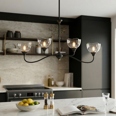 4-light 36"W Black Modern Linear Pendant with Glass Shade for Dining Room or Kitchen Island