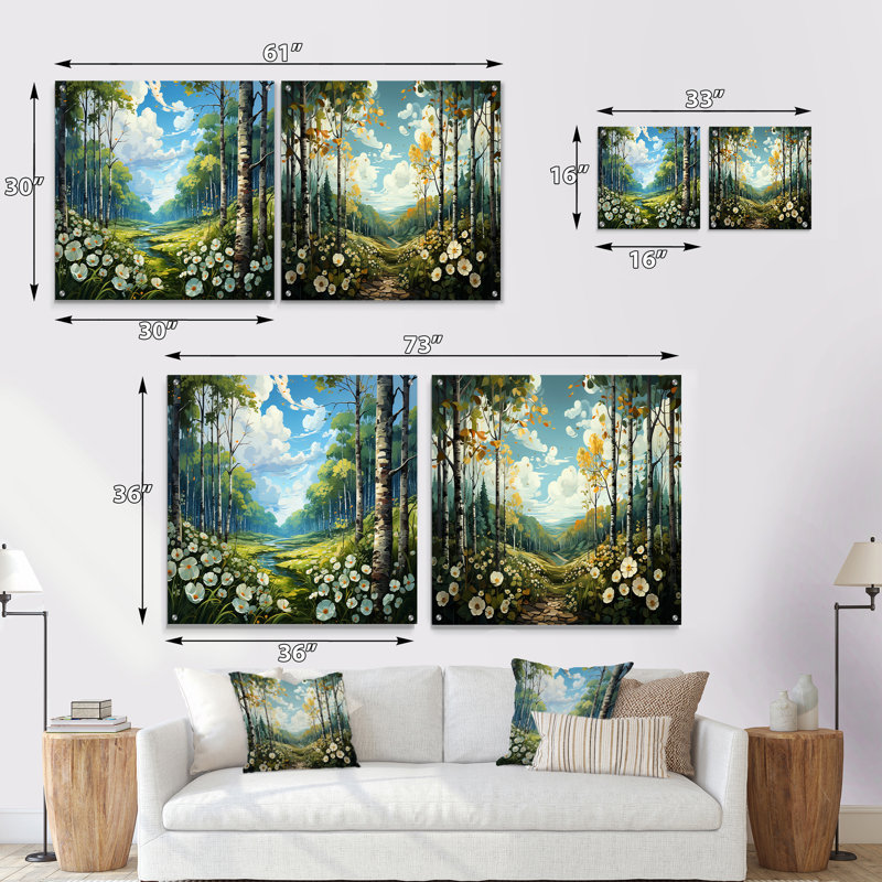 Birch Woods Whispering Winds - Ensemble de 2 peintures murales en acrylique, H 30 po x l 61 po