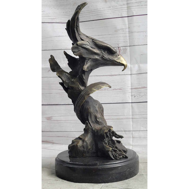 Tête d'aigle à tête blanche, buste sur un arbre, sculpture en bronze, statue, figure originale signée sur base en marbre