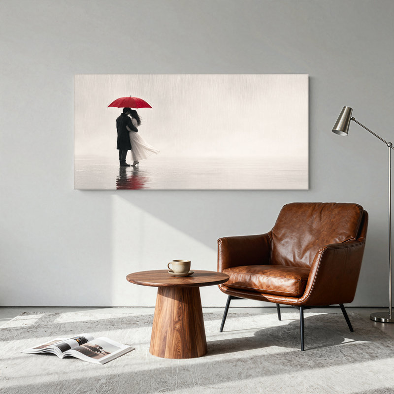 Couple sous parapluie rouge sous la pluie avec reflet, tableau sur toile, 32"W x 16"H