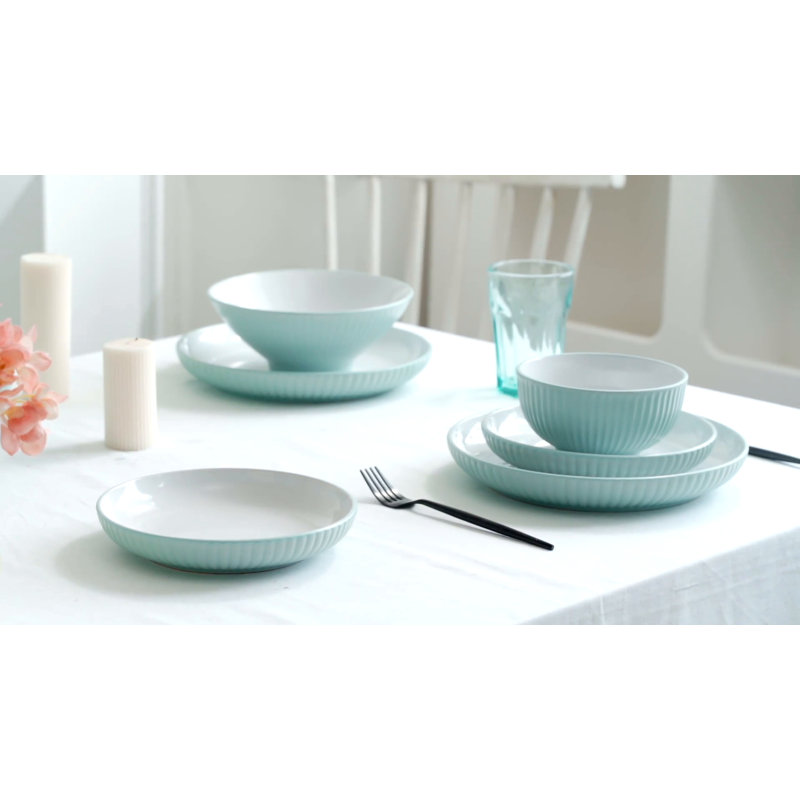 Teal Ribbed Ceramic 32-Piece Dinnerware Set for 8