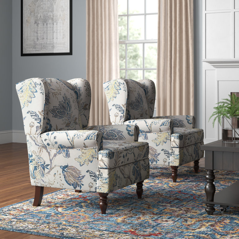 Anayat Traditional 29'' Wide Wing Back Armchair with Solid Wood Legs, Multi Blue Floral Polyester Blend