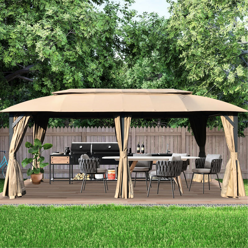 Pavillon de jardin d'extérieur 10 pi x 20 pi, structure solide, rideaux d'intimité, fabrication brune