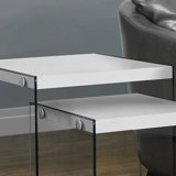 Nesting Table, Set Of 2, Side, End, Accent, Glossy White Laminate, Clear Tempered Glass