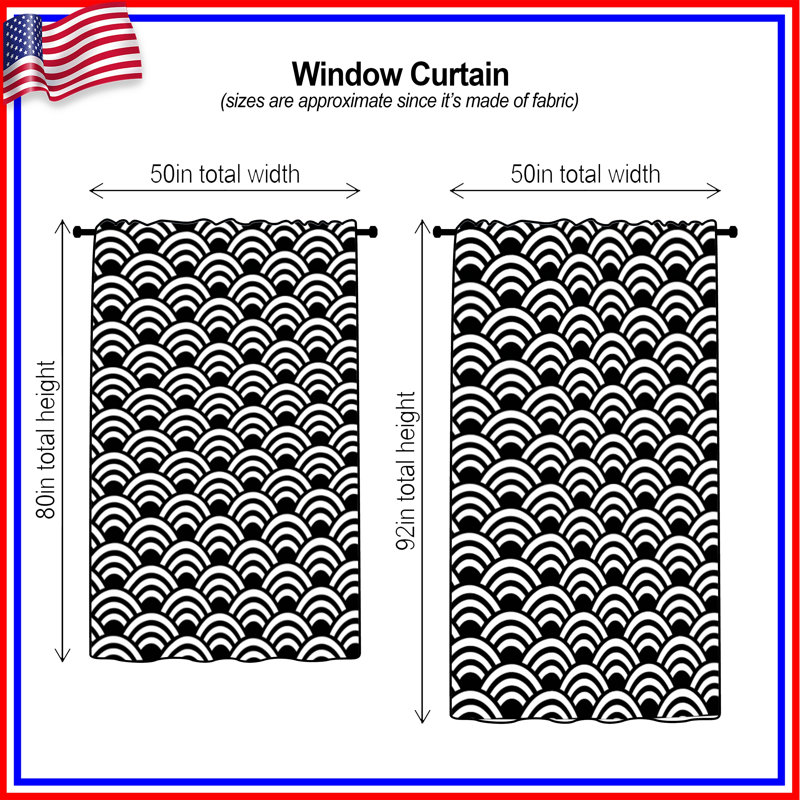 Rideaux de fenêtre noirs et blancs, voilages et rideaux occultant Seigaiha - 1 panneau, 50" x 92" - 1 Panel, Blockout