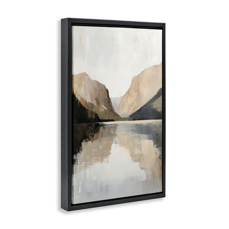 Cadre flottant de montagnes reflétant un lac rustique, design par Petal Prints Design, Cadre flottant noir de jais