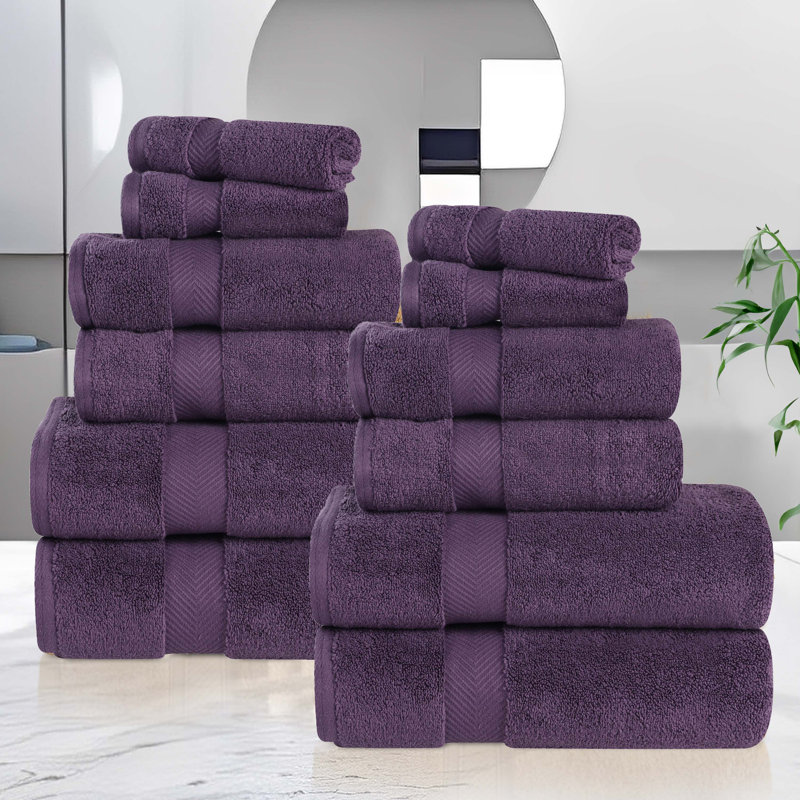 Fatih Zero Twist Cotton Solid Chevron Dobby Border Super Soft Absorbent 12 Piece Assorted Towel Set, Grape Seed