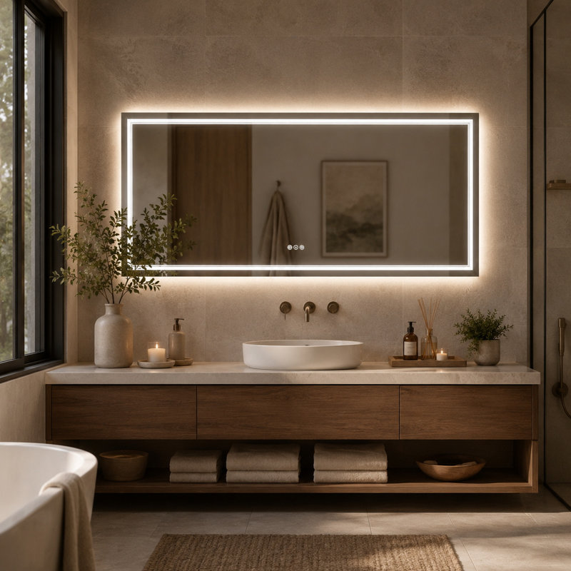 Grand miroir de salle de bain 72 po x 32 po à DEL pour meuble-lavabo double, miroir anti-buée avant et rétro-éclairé