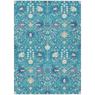 5' X 8' Teal Blue Purple And Ivory Oriental Washable Indoor Outdoor Area Rug