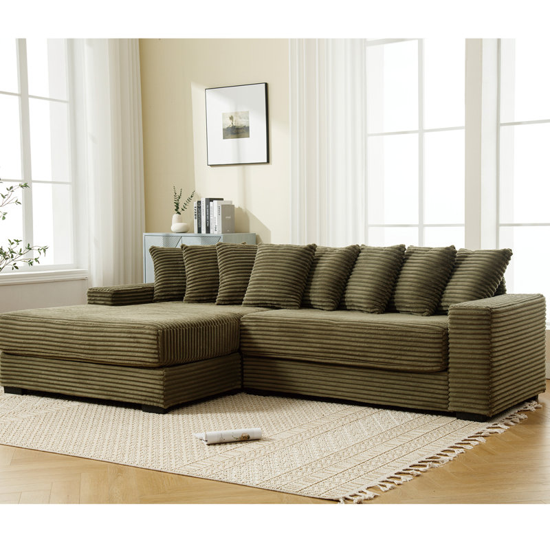 Élégant canapé modulaire en velours côtelé avec méridienne gauche et 8 coussins décoratifs, Vert