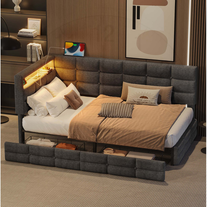Upholstered Twin Size Daybed with Storage, Charging Station, and LED Lights, , No Box-Spring Needed, Gray