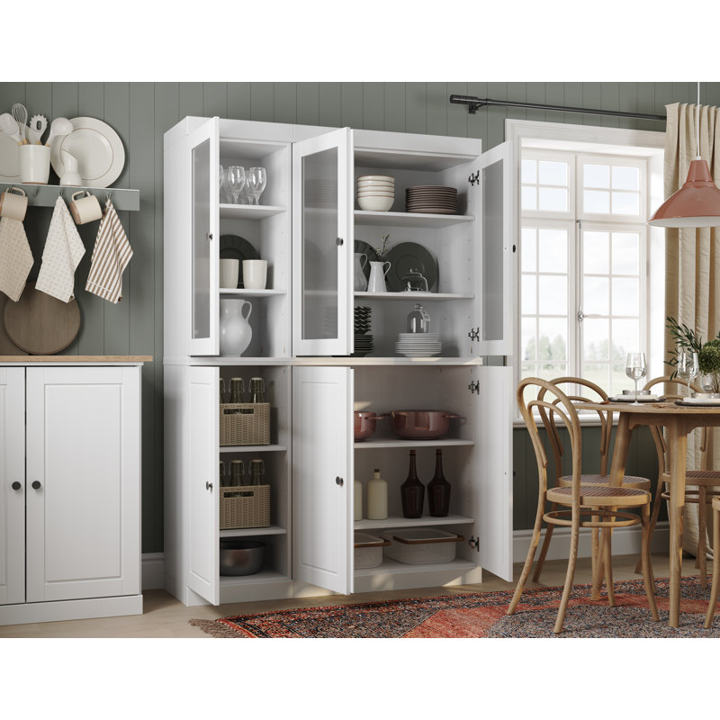 Vaisselier 100% bois massif 48,5 po avec portes en verre givré et tablettes réglables, Blanc / Blanc