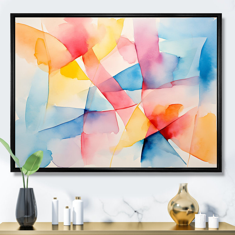 «Pastel Color Geometric Ink Explosion III», art mural géométrique, Cadre flottant noir, H 30 po x l 40 po x P 1,5 po