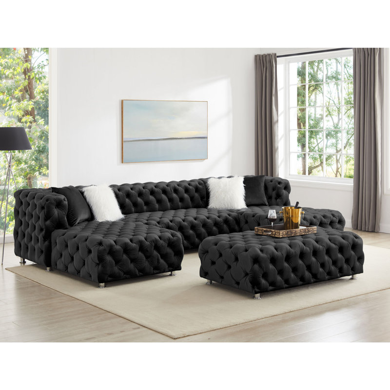 Canapé modulaire en forme de U de 145 po en velours capitonné avec repose-pieds et repose-pieds pour 4 personnes