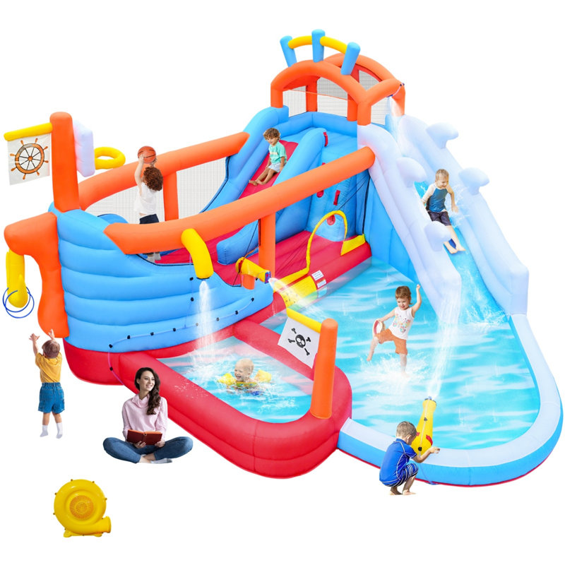 Jeu gonflable 9-en-1 pour enfants dans un parc aquatique | Double glissade, mur d'escalade, pistolets à eau, pataugeoire, panier de basketball et anneau, centre de jeu extérieur d'été pour la cour, la plage et le camping