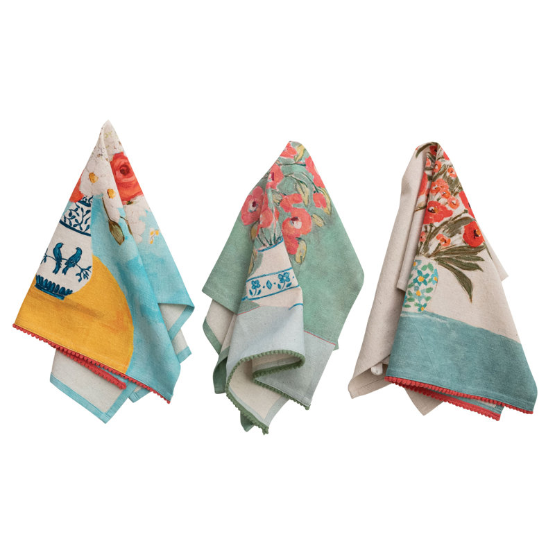 Cotton & Linen Printed Tea Towel Set With Flowers & Pom Pom Trim