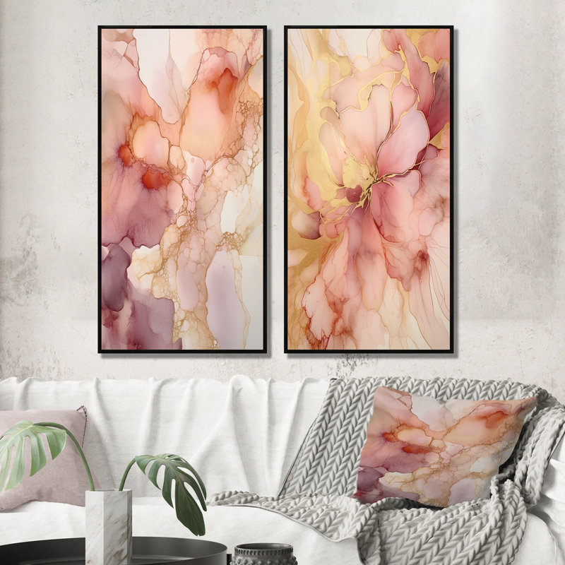 «Pink Luminous Liquids», 2 pièces sur toile, H 40 po x l 40 po, Cadre noir